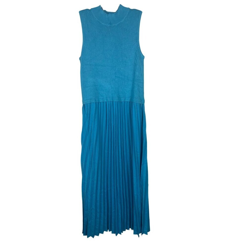 Sleeveless Teal Maxi Dress with Pleated Skirt and Knit Bodice